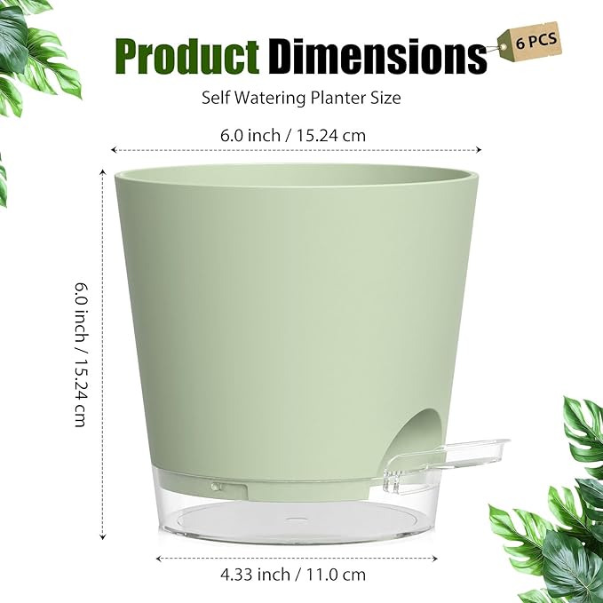 Plant Pots 6 Inch Self Watering Pots,6 Pack Plastic Planters with Drainage Holes and Clear Saucers,Plastic Flower Pots,Nursery Planting Pot for Indoor Out Door Plants (Green)
