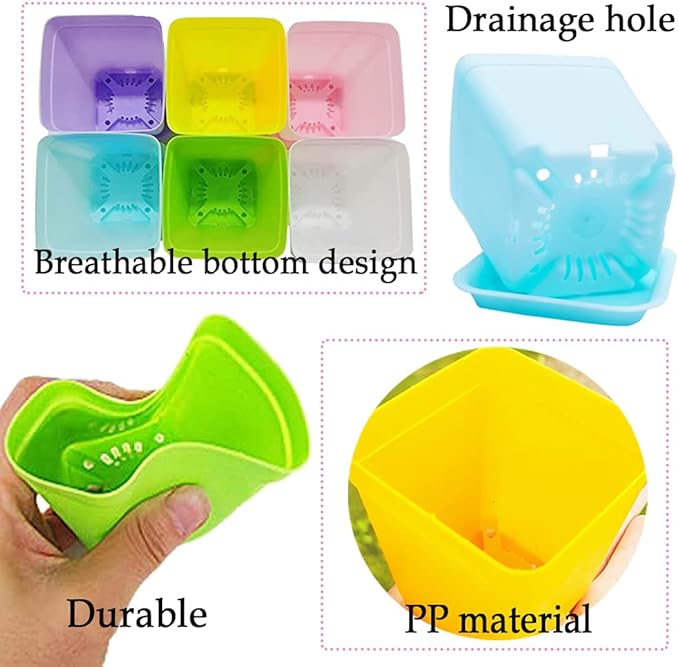 Haawooky 48 PCS 3 Inch Colorful Plastic Plant Pot,Plastic Square Nursery Pots,Seedling Nursery Pots with Saucers for Garden,Home,Office,Balcony Decor,Garden Gifts