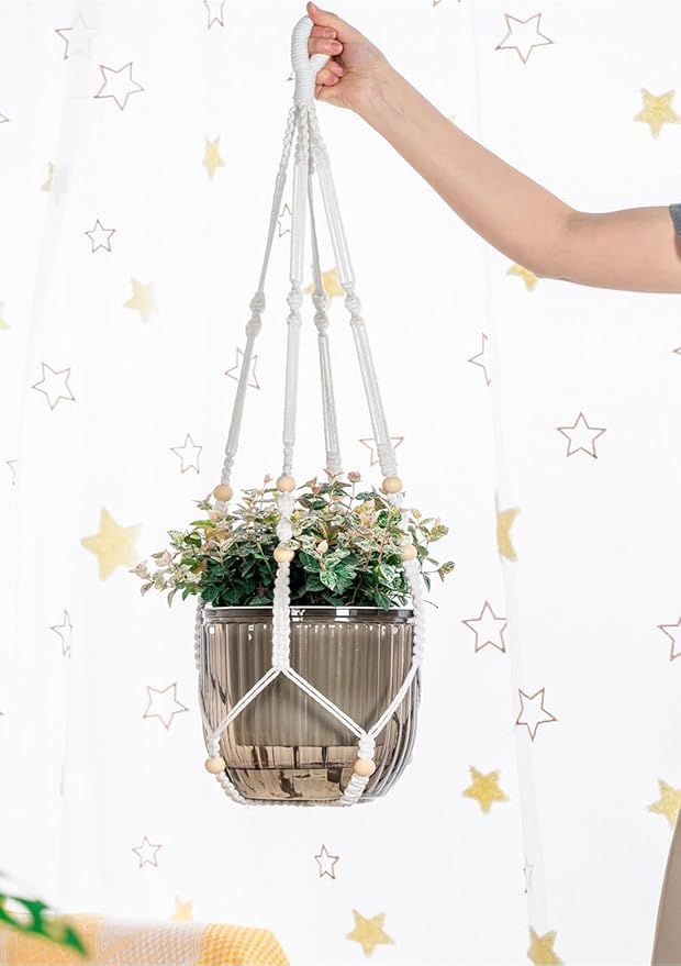 Melphoe Self Watering Hanging Planters for Indoor, 1 Pack 8.3 Inch Outdoor Hanging Plant Pot Basket, 2 Kinds of Plant Hangers Macrame 35.5’’ & Metal Chain 19.6’’ for Garden Home Decor