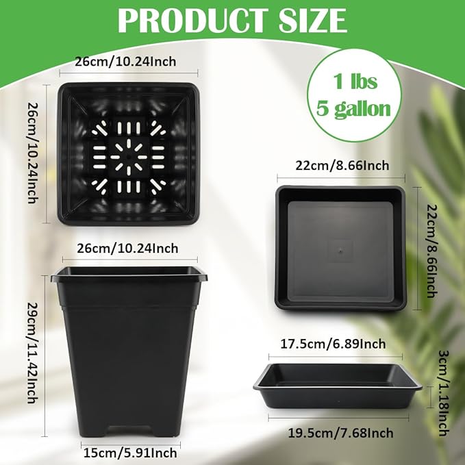 BTPLASTIK Plant Pots 10 Inch Set of 5, Large Square Plastic Planter with Drainage & Saucer, 5 Gallon Thick Outdoor Garden Pots Container for Outdoor Indoor, Flower Pots Planters