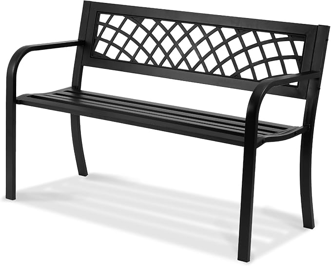 VEVOR Outdoor Bench, 46" Iron Steel Frame Garden Park Bench with Mesh Pattern and Plastic Backrest Armrests, Patio Bench for Garden, Park, Yard, Front Porch