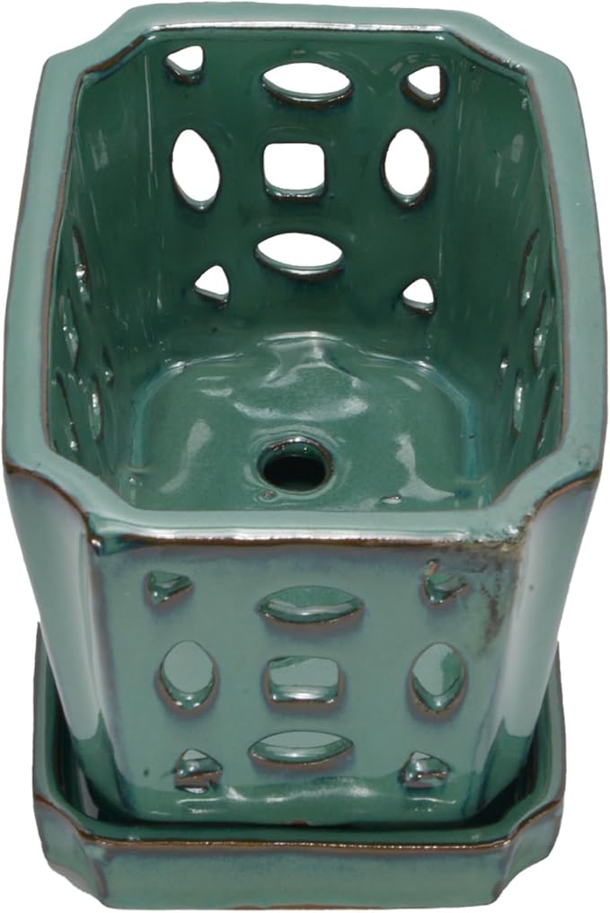 W&W Orchid Pot with Holes and Saucer for Repotting, Green, 9.7 Inches