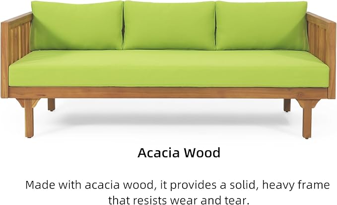 Merax Outdoor 3 Seater Daybed, Acacia Wood Day Bed Couch Sofa with Cushions for Patio Backyard, Garden, Green