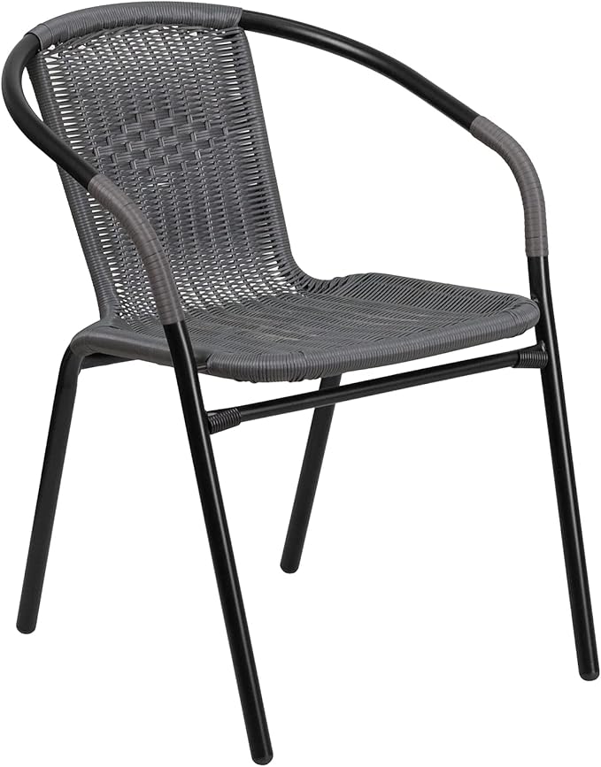 Flash Furniture 3-Piece Patio Dining Set with Round Glass Metal Table and 2 Stackable Rattan Chairs, Indoor/Outdoor Bistro Table and Chairs Set, Gray