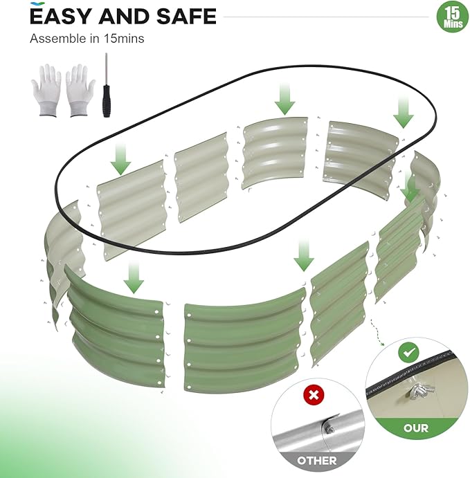 Galvanized Raised Garden Bed Outdoor, 4x2x1ft Oval Metal Raised Beds for Gardening, Rust-Resistant Garden Planter Box with Tools for Planting Vegetables, Flowers, Fruits in Lawn (Olive Green)