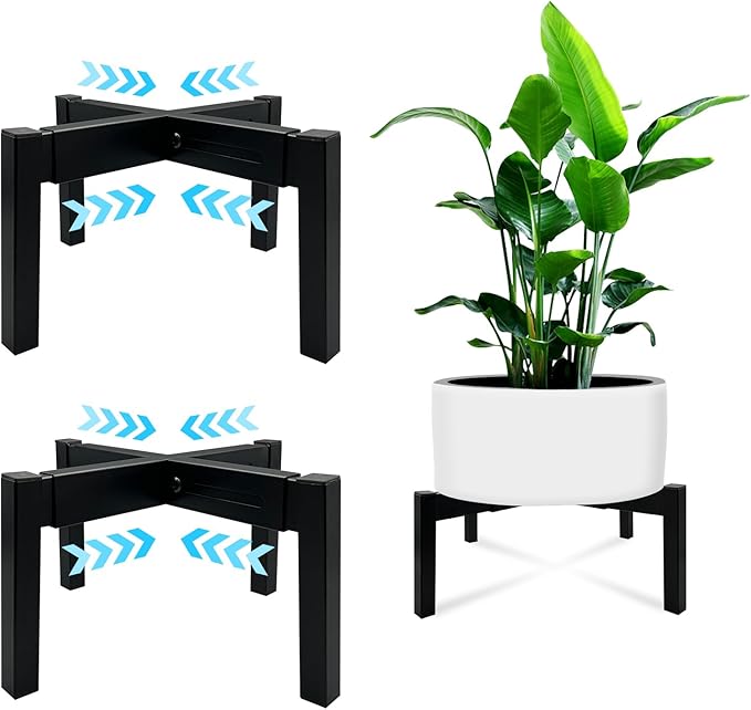 2 Pcs Heavy Duty Adjustable Metal Plant Stand for 10"-16" Plant Pot – Indoor & Outdoor (Black 2 Pack)
