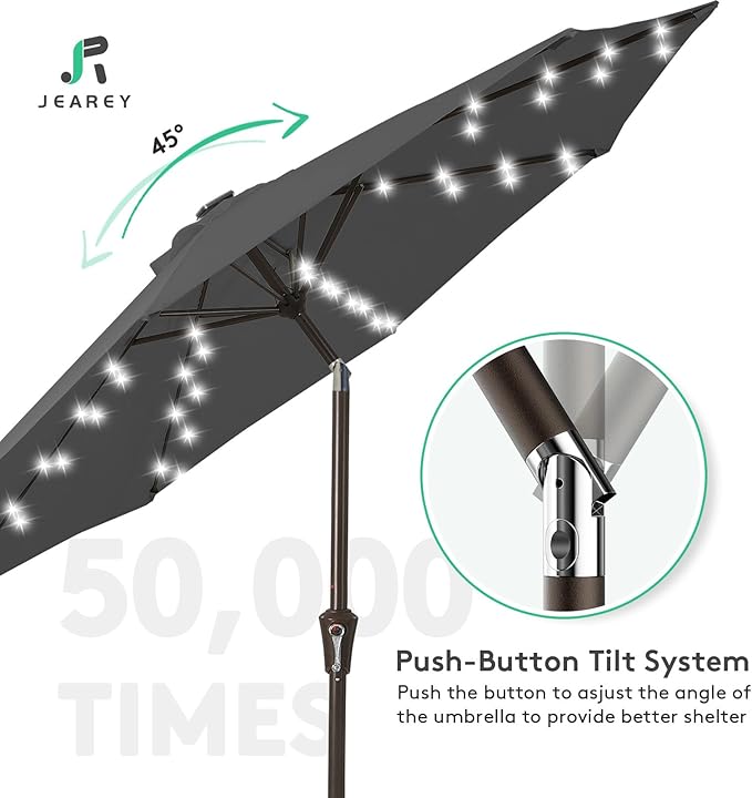 JEAREY 9FT Outdoor Patio Umbrella with Solar Lights, LED Lighted Pool Umbrella with Tilt and Crank, Outdoor Table Umbrellas for Deck, Yard & Market (Dark Gray)