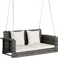VINGLI Heavy Duty 800 LBS Wicker Hanging Porch Swing with Cushions & Chains, 4FT Outdoor Rattan Swing Bench for Garden, Yard, Lawn (Grey+White)