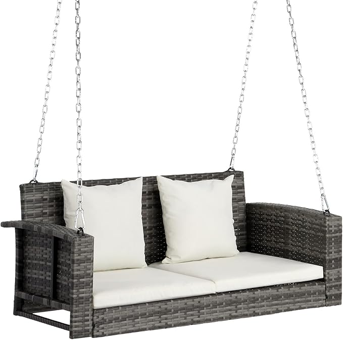 VINGLI Heavy Duty 800 LBS Wicker Hanging Porch Swing with Cushions & Chains, 4FT Outdoor Rattan Swing Bench for Garden, Yard, Lawn (Grey+White)