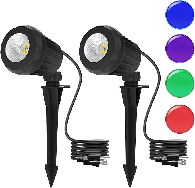 Spotlight Outdoor – 120V Plug-In, 6500K Cool White LED Landscape Lighting with RGB Purple 4 Color Lenses for Yard, Garden, Lawn & Tree Decor on Holidays&Everyday, IP67 Waterproof (2 Pack,Black)