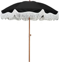 AMMSUN Boho Fringe Umbrella Outdoor Patio, 6.5ft UPF50+ Picnic Umbrella with Tassels with Steel Pole and Push Button Tilt, Noble Black