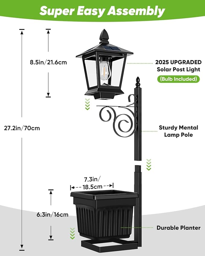 Outdoor Flower Pots 2 in 1, Solar Lamp Post with Planter, Metal Pole, Wall Mount/Standing Solar Planter Lights IP65 Waterproof, Decorative Lamp for Garden, Patio, Porch, 1-Pack (Flowers not Included)