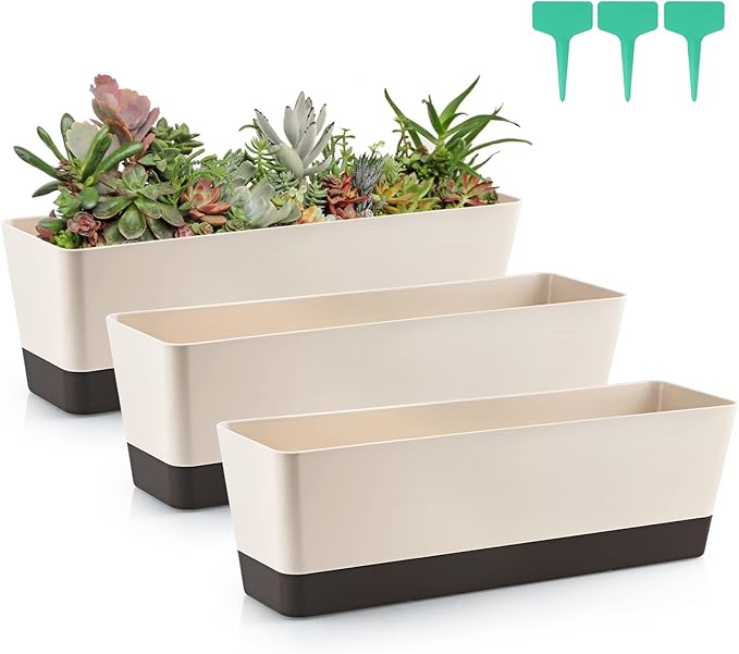 Skelang 3 Pcs Rectangular Plant Pot, 16.7" Flower Planter Box, Windowsill Container for Succulent, Herbs, Vegetable
