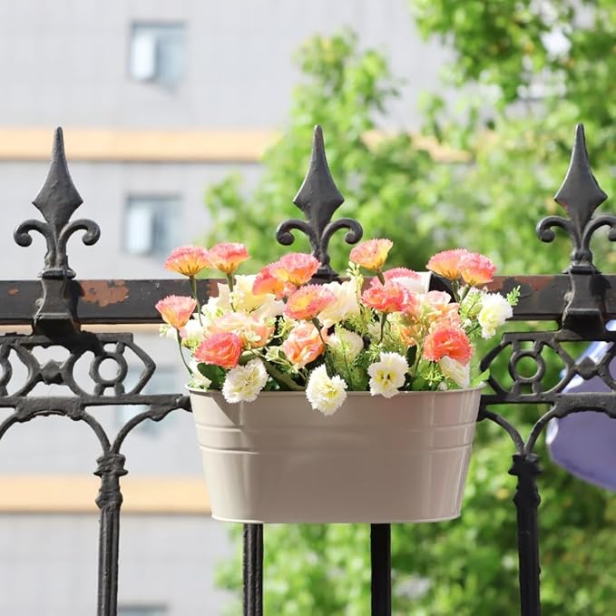 3 Pack Metal Railing Planters, 10.5" Oval Hanging Flower Pots with Detachable Hooks & Drainage Holes, Fits Rails up to 2.36", Galvanized Iron Fence Bucket for Balcony Garden Patio - Gray