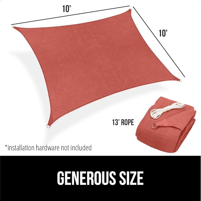 GORILLA GRIP Heavy Duty Sun Shade, UV Protection Fade Tear and Rust Resistant Rectangle Sunshade Canopy, Curved Edges Blocks Sunlight, Breathable Sail, Outdoor Patio, Lawn Garden 10x10 FT Terra