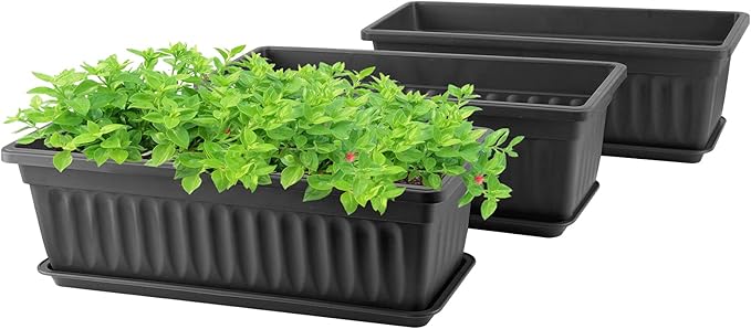 GREANER Rectangle Planters for Indoor Plants, 3 Pack Long Outdoor Plastic Flower Boxes Vegetable Growing Pots 16.9x7.48 Inch with Tray for Garden Balcony Windowsill House DIY - Black
