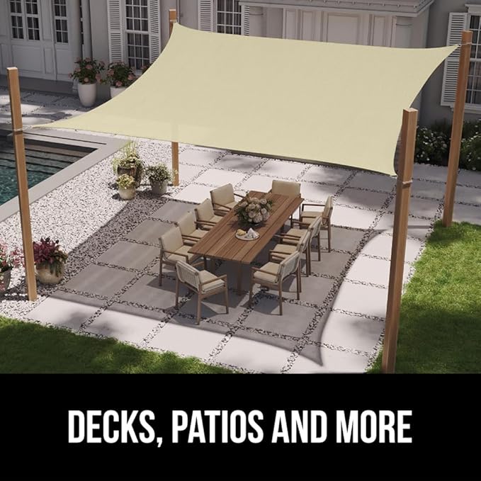 GORILLA GRIP Heavy Duty Sun Shade, UV Protection Fade Tear and Rust Resistant Rectangle Sunshade Canopy, Curved Edges Blocks Sunlight, Breathable Sail, Outdoor Patio, Lawn Garden, 8x12 FT Butter Cream