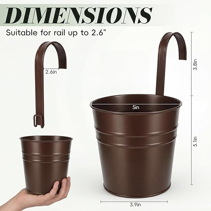 HowRU Hanging Flower Pots, Railing Planter Box for Outdoor Plants 12 Pack 5 Inch Metal Hanging Planters with Detachable Hooks Balcony Window Fence Garden Decoration Flower Boxes(Bronze(5in))