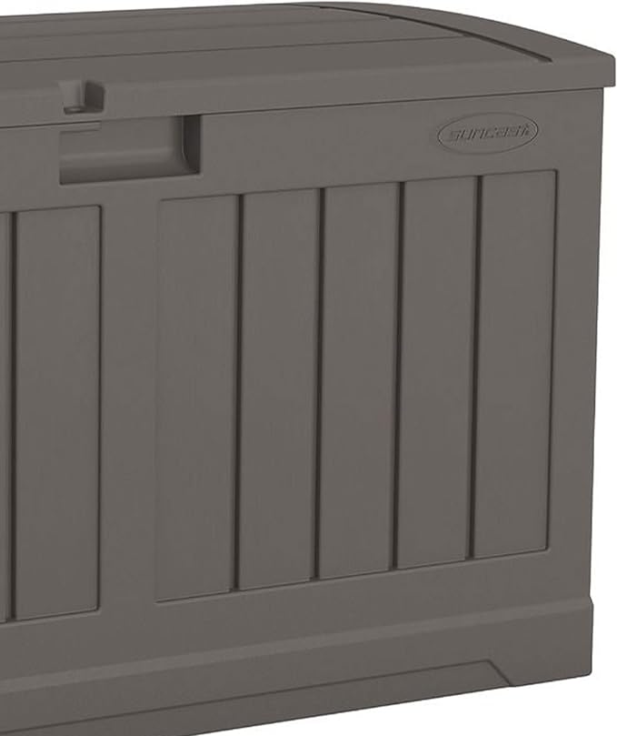 Suncast 50 Gallon Plastic Deck Box with Molded Lockable Feature and Weathertight Construction for Home, Patio, Lawn, and Garden Storage, Gray
