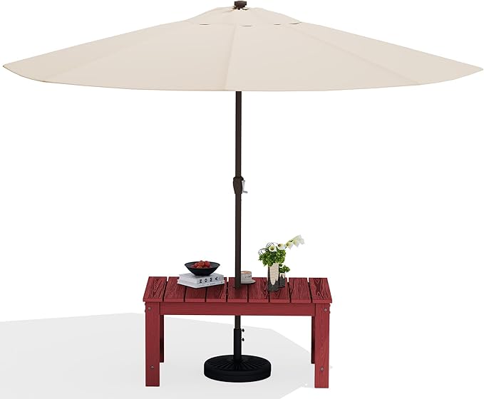 SERWALL Outdoor Coffee Table with 9FT Umbrella, HDPE Patio Coffee Table for Outside, Rectangle, Red(Not Include Umbrella Base)