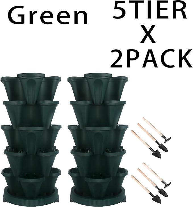 GameXcel Vertical Planter 5 Tier Stackable Planters Garden Planters Strawberry Herb Flower and Vegetable Planter Indoor Outdoor Gardening Pots with Removable Wheels and Tools 2-Pack