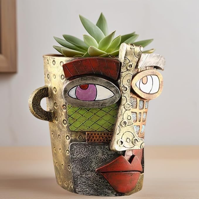 Picasso Abstract Face Flower Pot,Unique Resin Crafted Planter with Drainage Holes,Interesting Colorful Planter with Human face,for Indoor and Outdoor Botanical Home décor (Retro)