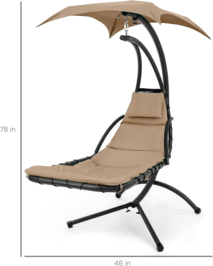 Best Choice Products Outdoor Hanging Curved Steel Chaise Lounge Chair Swing w/Built-in Pillow and Removable Canopy - Tan