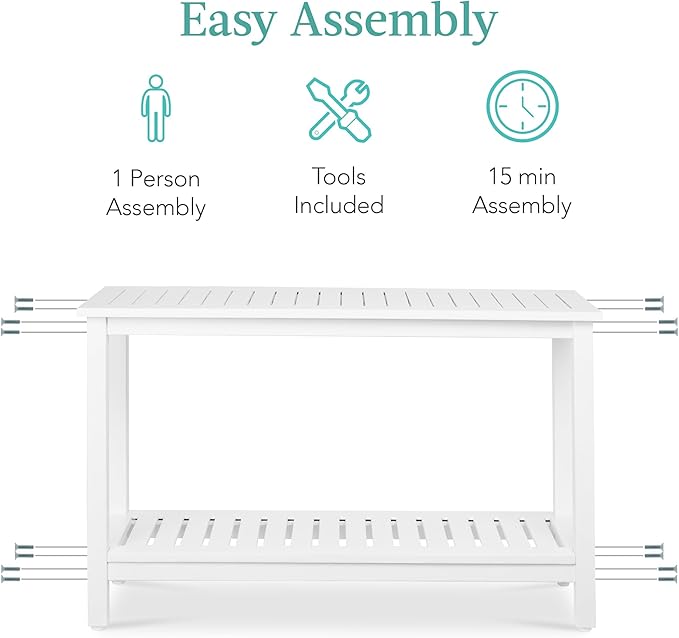 Best Choice Products 48in 2-Shelf Eucalyptus Wooden Console Table Indoor Outdoor Multifunctional Buffet Bar Storage Organizer w/Foot Sliders - White
