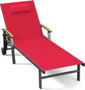 Ciokea Outdoor Lounge Chair with Pillow, 5-Position Aluminum Chaise Lounge with Wheels & Armrests, 400 lbs Heavy Duty Patio Pool Chair for Deck, Backyard, Beach & Poolside, Red