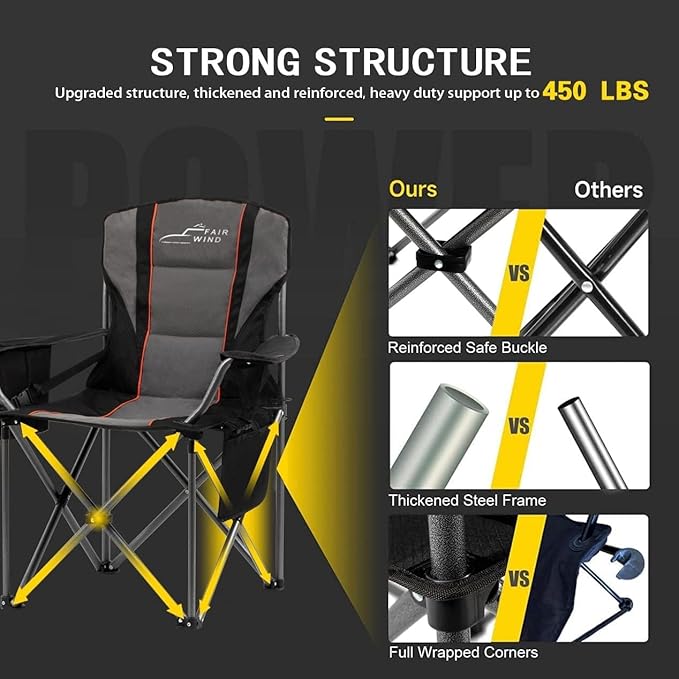 FAIR WIND Heavy Duty Camping Chair, Oversized Padded Folding Chair for Big and Tall (450lbs), Extra Wide Seat with Integrated Cooler & Storage Pocket, Adjustable Lumbar Support for Outdoor