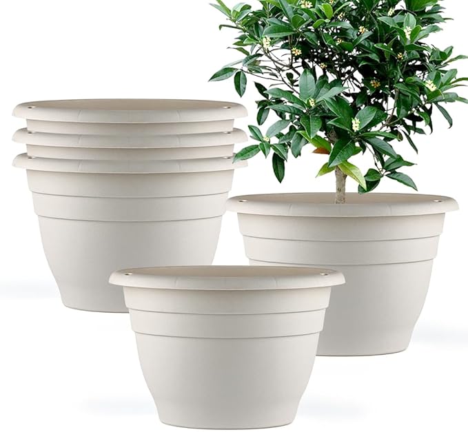 5 Pack 10 Inch Plant Pots for Indoor Outdoor,Plastic Floor Planters with Drainage Holes,Lightweight Flower Pots for Home,Patio & Garden(White)
