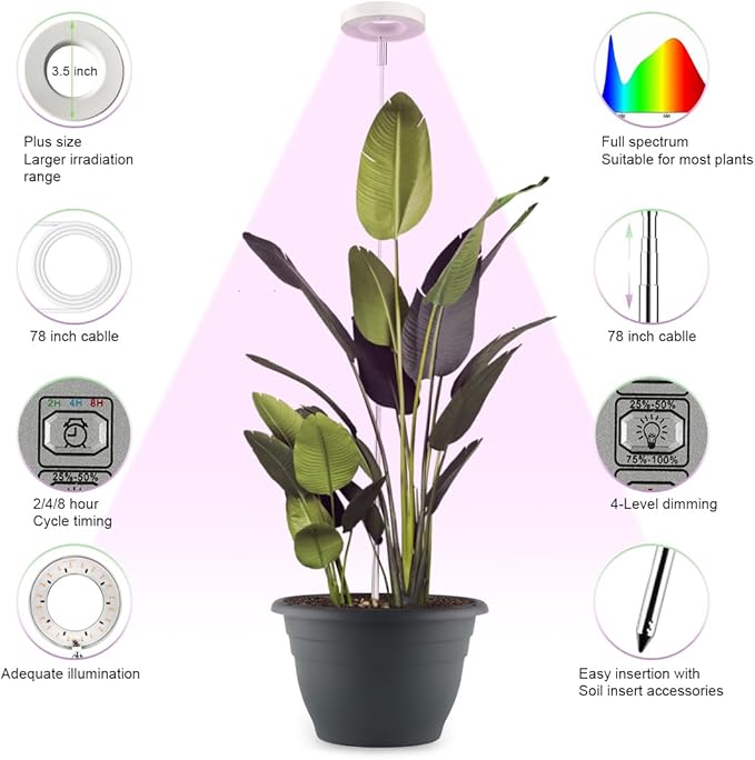 2 Pack 11 Inch Plant Pots with LED Grow Lights,Grey Indoor Flower Pots with Full Spectrum Dimmable Grow Lights,Drainage Holes & Plug,Soil Moisture Meter Included