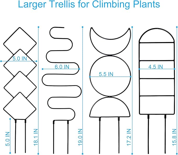 4 Packs 19 in Heighten Trellis for Climbing Plants Indoor, HENABLE Small Garden Metal Trellis for Potted Plants Outdoor for Vine Ivy Flower Plant Support, 4 Different Black Iron Patterns
