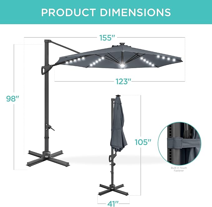 Best Choice Products 10ft Solar LED Cantilever Patio Umbrella, 360-Degree Rotation Hanging Offset Market Outdoor Sun Shade for Backyard, Deck, Poolside w/Lights, Easy Tilt, Cross Base