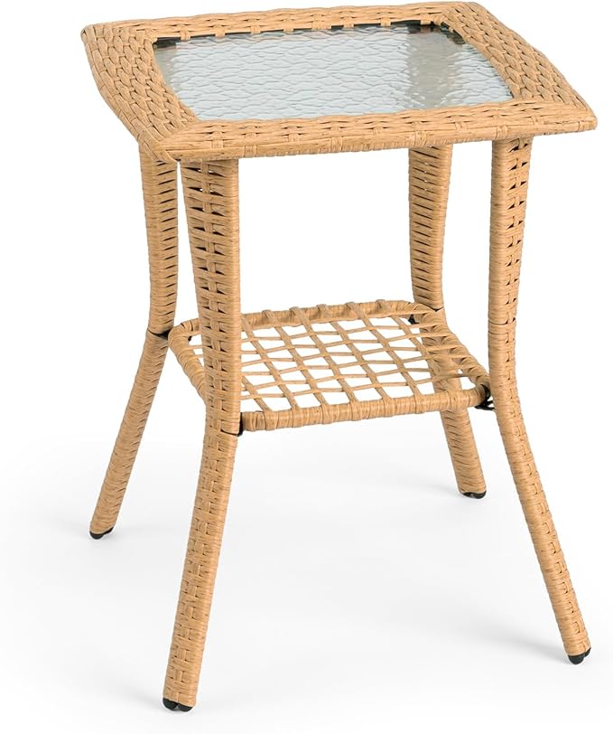 VINGLI Outdoor Side Table with Storage Wicker Patio Side Table, Tempered Glass Top End Table for Balcony Porch Deck (Beige)