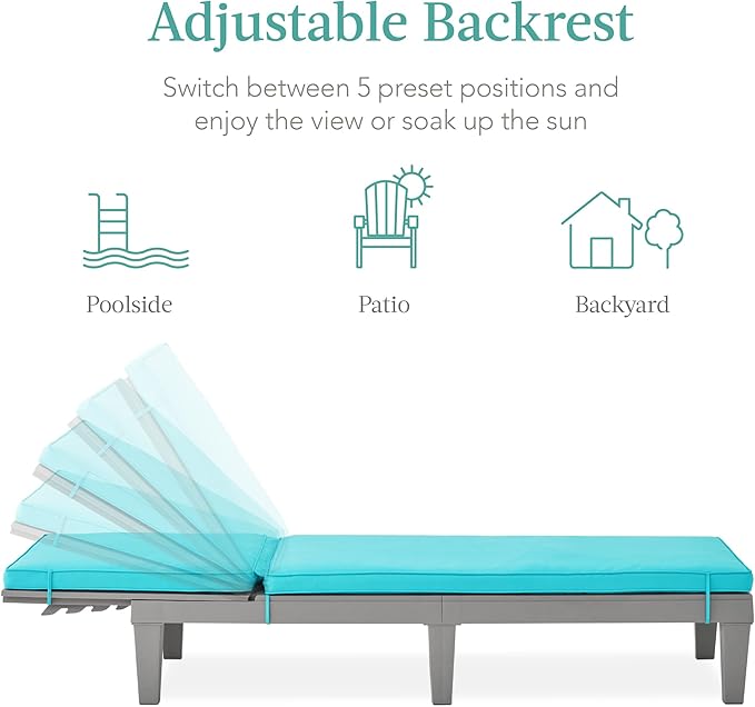 Best Choice Products Outdoor Lounge Chair, Resin Patio Chaise Lounger for Poolside, Backyard, Porch w/Seat Cushion, Adjustable Backrest, 5 Positions, 330lb Capacity - Gray/Teal