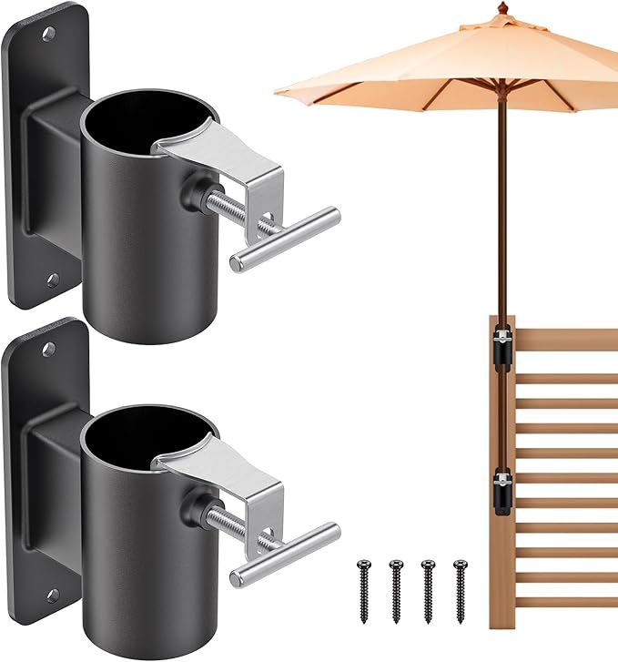 Heavy Duty Deck Railing Umbrella Holder, Patio Umbrella Stand for 1-2 Inch Poles, Space-Saving Design, Secure & Sturdy Post Flat Mount for Deck Railing, Balcony, Outdoor Courtyard, Fences