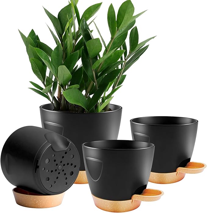 4-Pack Plant Pots with Drainage 6.5/6/5.5/5 Inch, Self Watering Pots for Indoor Plants, Planters for Indoor Outdoor Plants, Plastic Flower Pot, Planter for Indoor Outdoor (Black)
