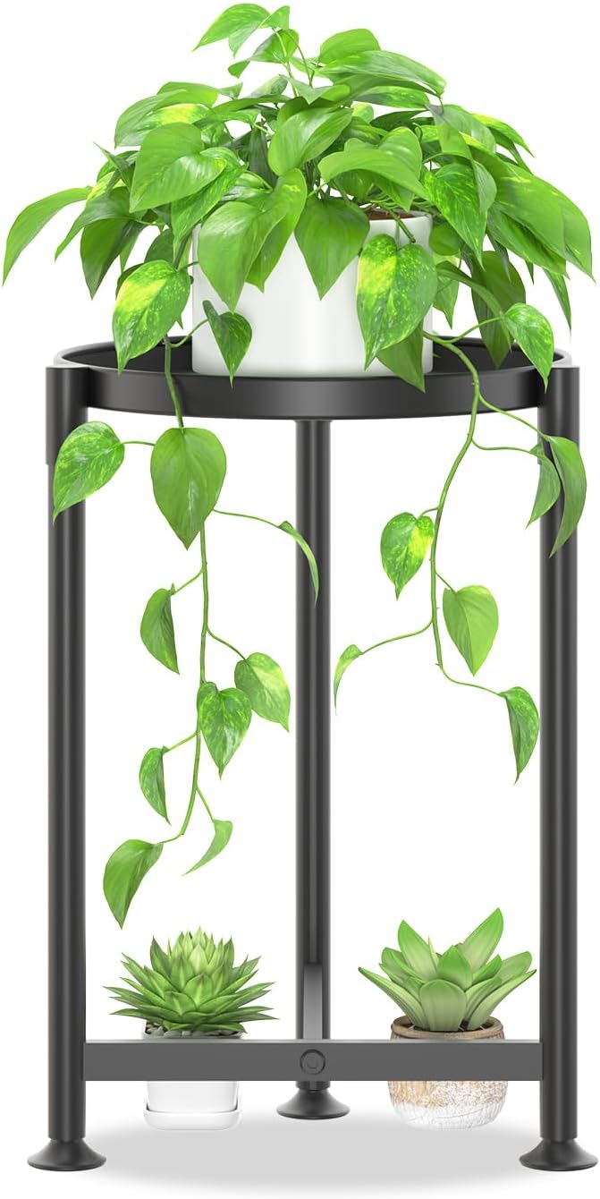 iDavosic.ly 1 Tier Corner Plant Stand Indoor, 16 Inch Tall Vertical Metal Flower Heavy Duty Pot Holder Shelf Outdoor for Patio Porch Living Room, Modern Black