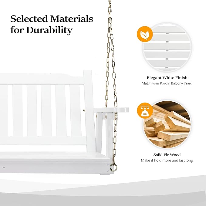 VINGLI Upgraded Heavy Duty 880 LBS 4 FT Patio Wooden Porch Swing Solid Fir Wood, Outdoor Handing Swing Bench for Garden | Yard | Balcony | Tree, White
