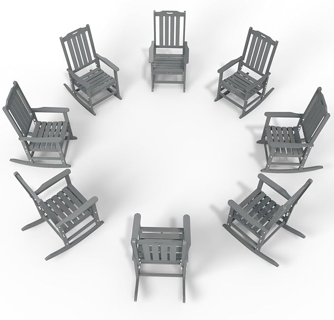 Oversized Rocking Chair Set of 8, Outdoor Rocking Chair for Adults, All Weather Resistant Porch Rocker for Lawn Garden, Grey