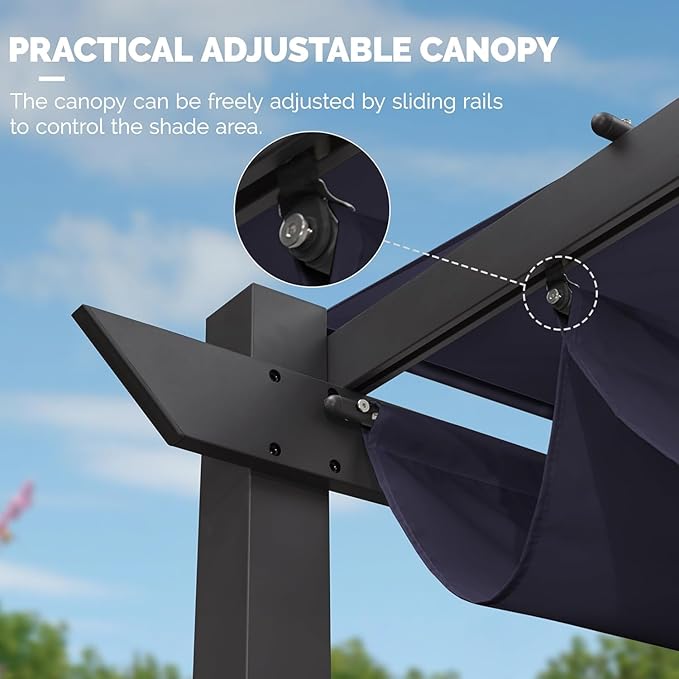 PURPLE LEAF 10' x 13' Outdoor Retractable Pergola with Double Sun Shade Canopy Patio Aluminum Pergola Metal Shelter with Light for Backyard Deck Garden, Navy Blue