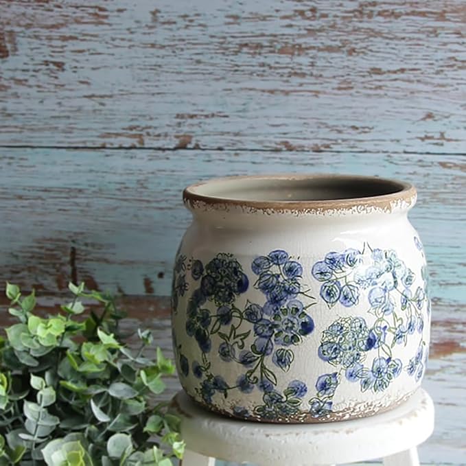 Ceramic Planters Spring Decor, 6.29in Country Cottage Plant Pots with Drainage Hole for Indoor Plants & Succulent, Vintage Crackle Glaze Finish Flower Vase, Home Decor Gifts, Deep Blue Floral