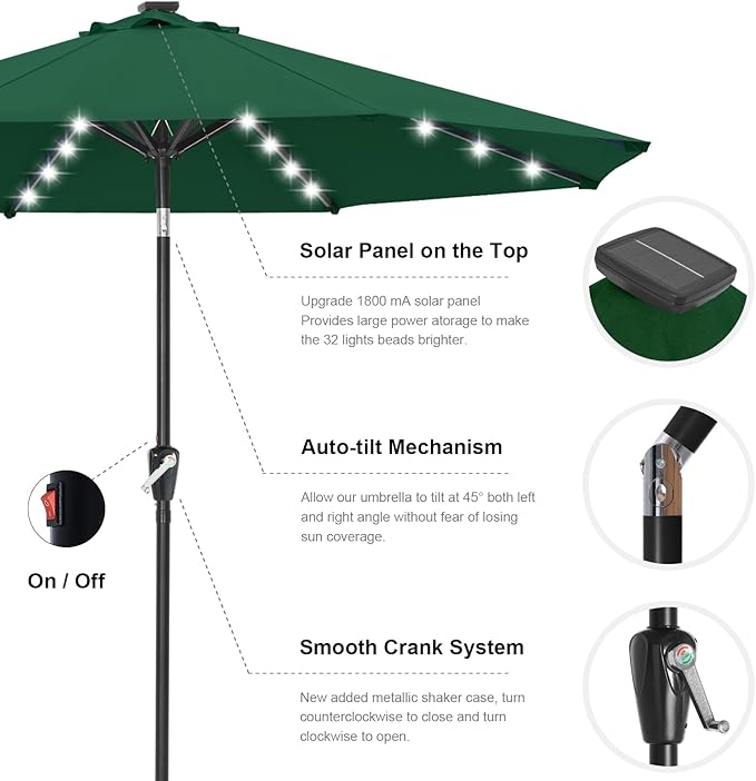 ABCCANOPY Durable Solar Led Patio Umbrellas with 32LED Lights 9FT (Forest Green)