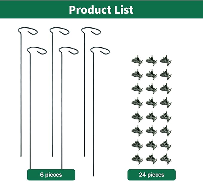 6 Pack Plant Support Stakes with 24 Pcs Plant Clips,Single Stem Support Stake Plant Cage Support Ring for Garden Flowers Rose Tomatoes Peony Lily Rose Herbs Vegetable (16 Inch)