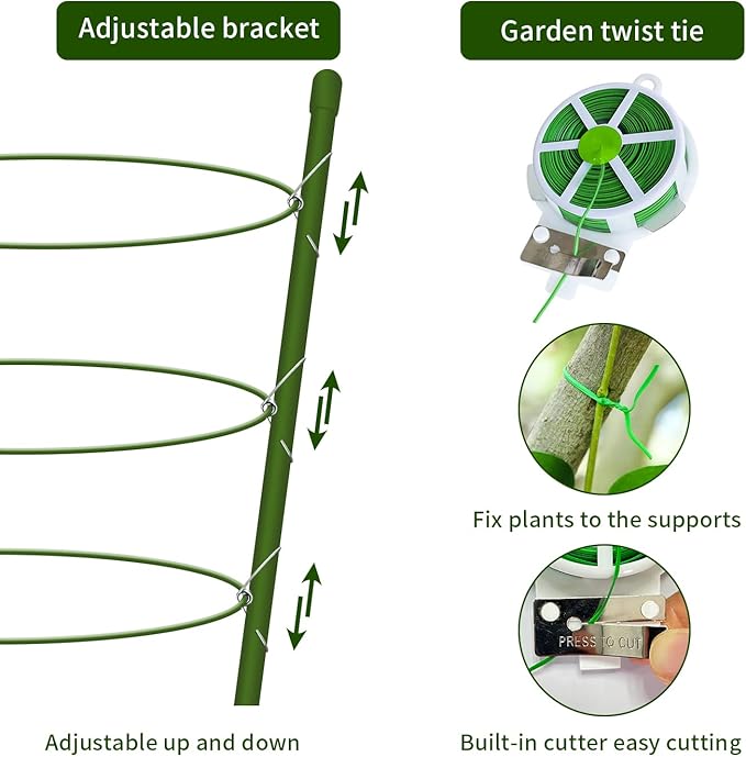 4 Pack Tomato Cage for Garden Plant Support, 18 inches Small Tomato Cages Tomato Trellis with Adjustable Rings, Plant Stakes for Peony Support, Tomato Stakes Rings for Climbing Plants