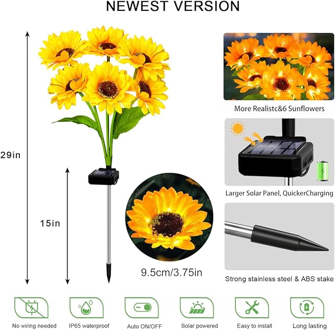 6 Pack Solar Sunflower Garden Lights 36 Vibrant Sunflowers LED Outdoor Decorative Stake Lights for Yard, Patio, Lawn, Pathway, IP65 Waterproof Flower Light, Birthday Gift for Mom, Grandma, and Friends