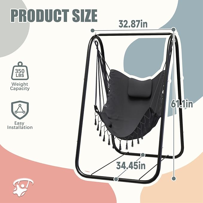 G TALECO GEAR Hammock Chair with Stand,Heavy-Duty and Rustproof Hanging Chair with Stand,Hammock Swing Chair Stand,for Indoor Outdoor Patio Yard Garden Porch (Grey)