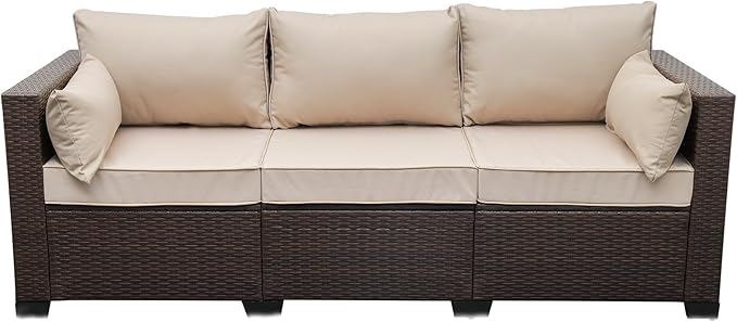 WAROOM Patio Couch PE Rattan 3-Seat Outdoor Sofa Brown Wicker Furniture Set Deep Seating with Anti-Slip Beige Cushion