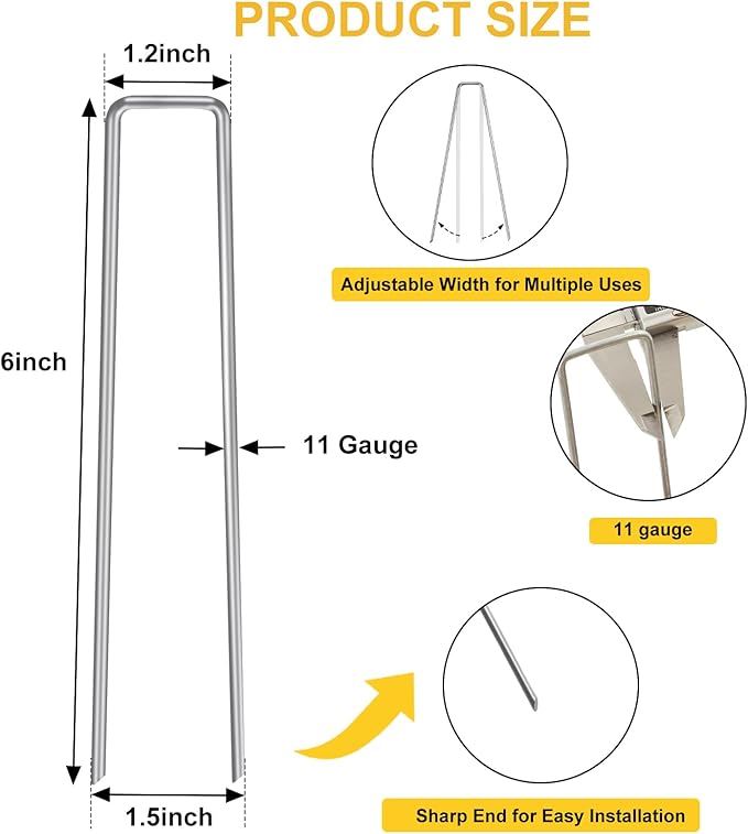 HongWay 60 Pack 6 Inch Landscape Staples, Galvanized Garden Stakes 11 Gauge Plant Cover Stakes U-Shaped Tent Stakes Landscaping Pins Yard Ground Staples for Lawn, Turf, Fence, Irrigation Hose
